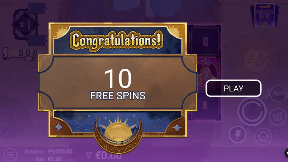 Tampilan visual slot Arcana Pop dengan tema tarot dan simbol mistis.
