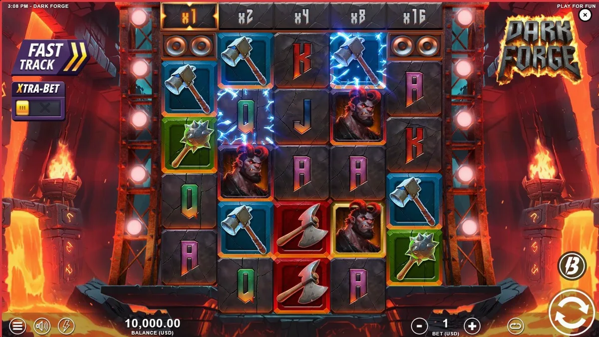 Tampilan visual slot Dark Forge dengan tema bengkel pandai besi iblis yang penuh api.